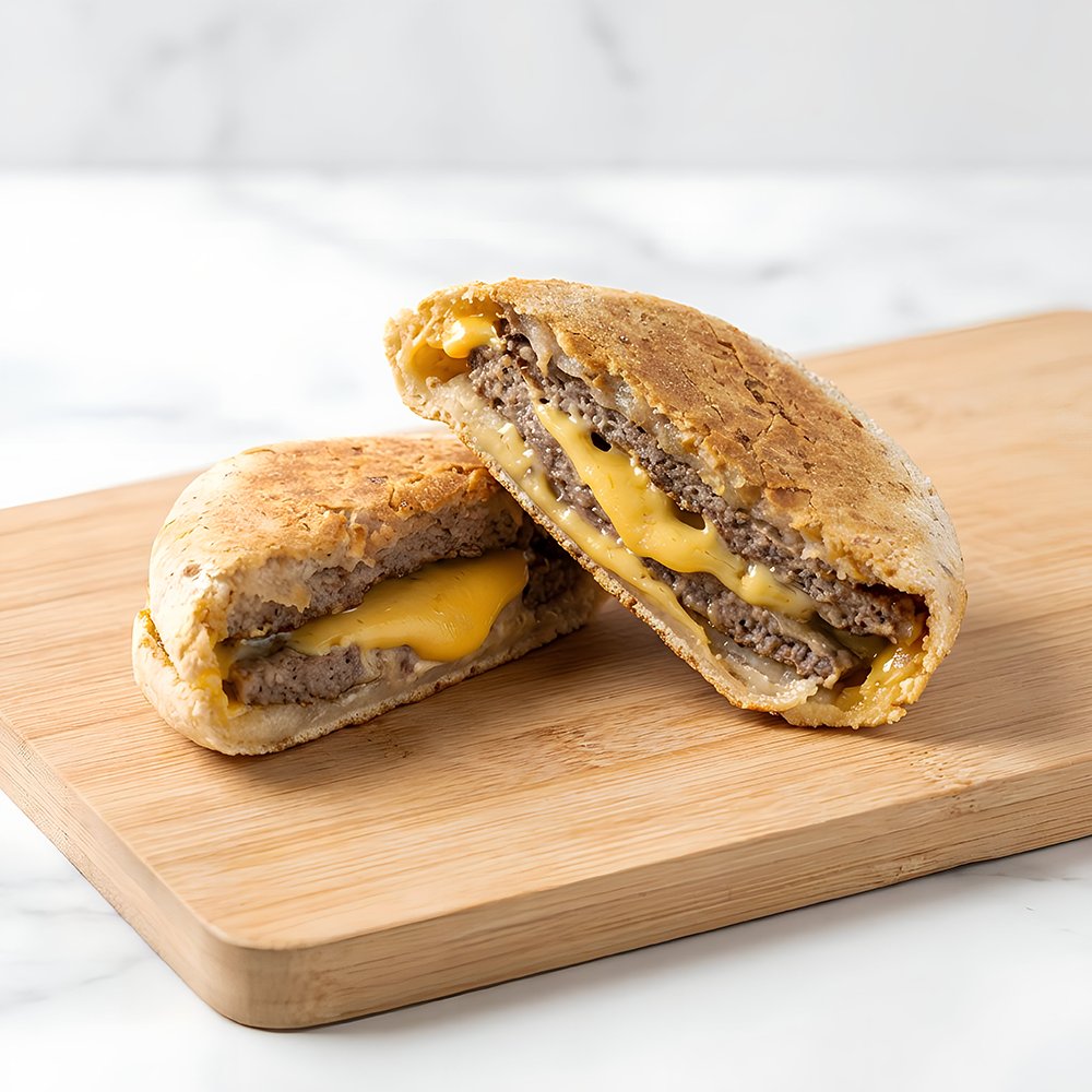 Chipa Burger, masa de queso rellena con medallón de carne, partido al medio