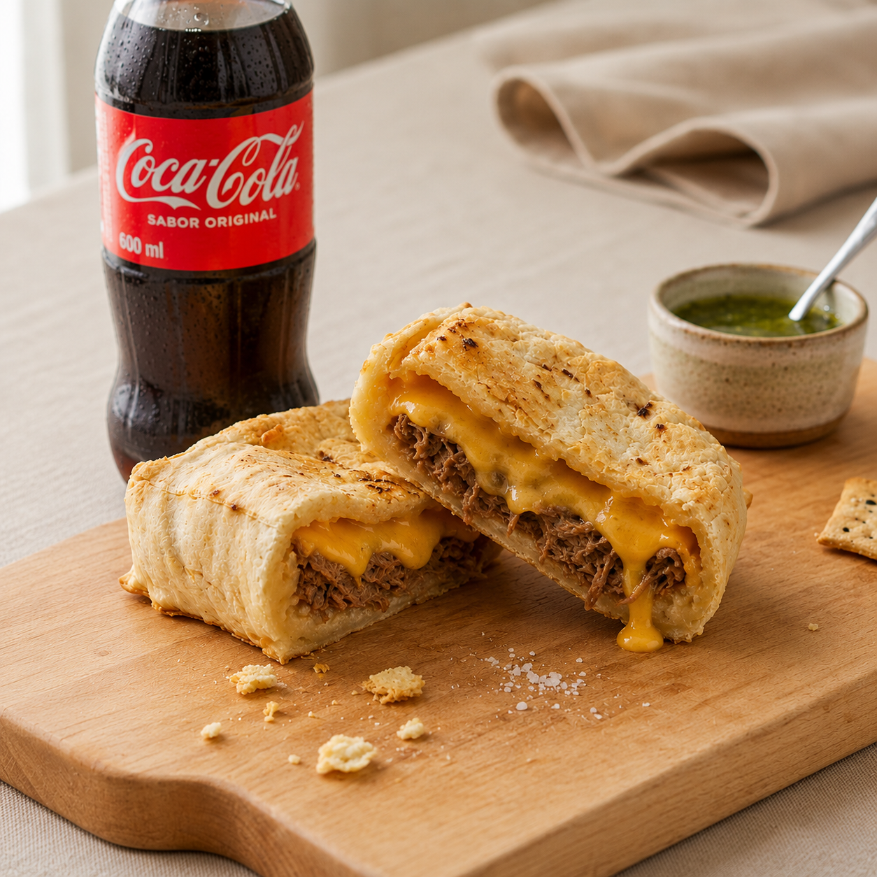 Chipá So'ó de bondiola y cheddar fundido, abierto al medio